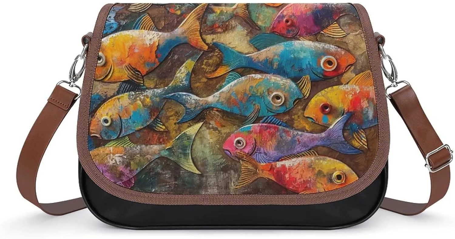 Women's Handbag Colorful Fish Patterns Satchel Bag Leather Crossbody Bag Waterproof Messenger Bag