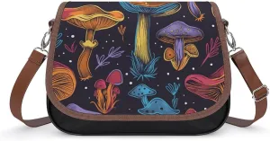 Women's Handbag Colorful Mushrooms Pattern Satchel Bag Leather Crossbody Bag Waterproof Messenger Bag