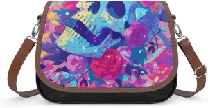 Women's Handbag Colorful Skull With Roses Flowers Satchel Bag Leather Crossbody Bag Waterproof Messenger Bag