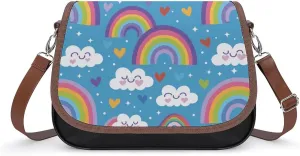 Women's Handbag Cute Clouds Rainbow Hearts Patterns Satchel Bag Leather Crossbody Bag Waterproof Messenger Bag