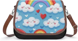 Women's Handbag Cute Clouds Rainbow Hearts Patterns Satchel Bag Leather Crossbody Bag Waterproof Messenger Bag