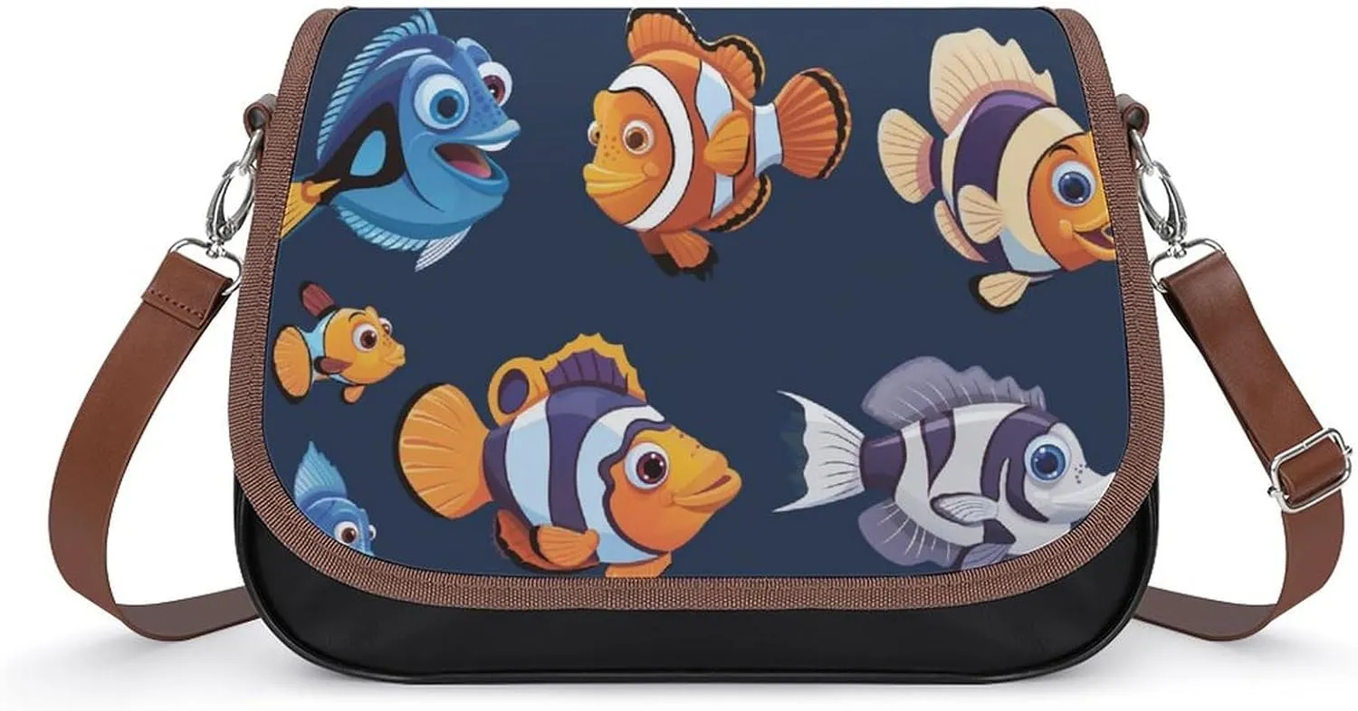 Women's Handbag Cute Clownfish Patterns Satchel Bag Leather Crossbody Bag Waterproof Messenger Bag