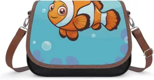 Women's Handbag Cute Clownfish Swimming Satchel Bag Leather Crossbody Bag Waterproof Messenger Bag