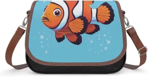 Women's Handbag Cute Clownfish Swimming Satchel Bag Leather Crossbody Bag Waterproof Messenger Bag