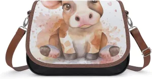 Women's Handbag Cute Cow Watercolor Satchel Bag Leather Crossbody Bag Waterproof Messenger Bag