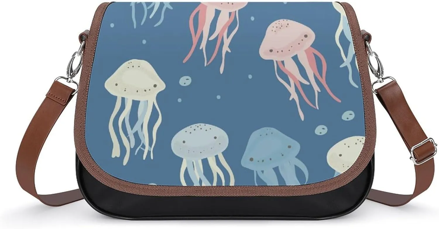 Women's Handbag Cute Jellyfish Patterns Satchel Bag Leather Crossbody Bag Waterproof Messenger Bag