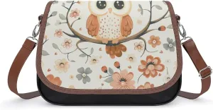 Women's Handbag Cute Owl And Flowers Satchel Bag Leather Crossbody Bag Waterproof Messenger Bag