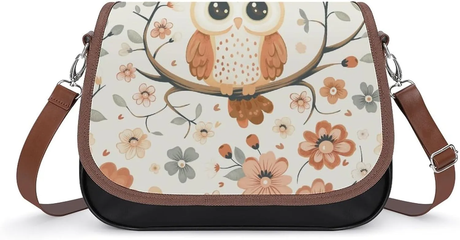 Women's Handbag Cute Owl And Flowers Satchel Bag Leather Crossbody Bag Waterproof Messenger Bag