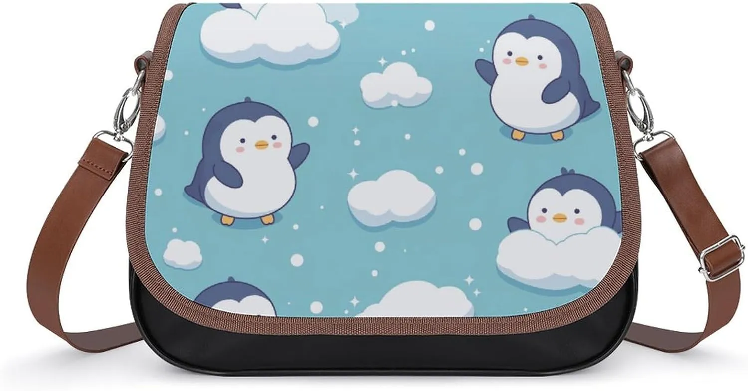 Women's Handbag Cute Penguins Clouds Pattern Satchel Bag Leather Crossbody Bag Waterproof Messenger Bag