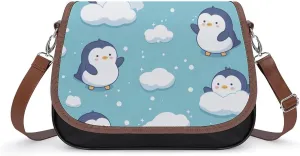 Women's Handbag Cute Penguins Clouds Pattern Satchel Bag Leather Crossbody Bag Waterproof Messenger Bag