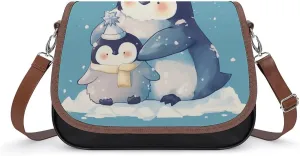 Women's Handbag Cute Pennguins Family Satchel Bag Leather Crossbody Bag Waterproof Messenger Bag