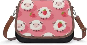 Women's Handbag Cute Sheep And Strawberry Patterns Satchel Bag Leather Crossbody Bag Waterproof Messenger Bag