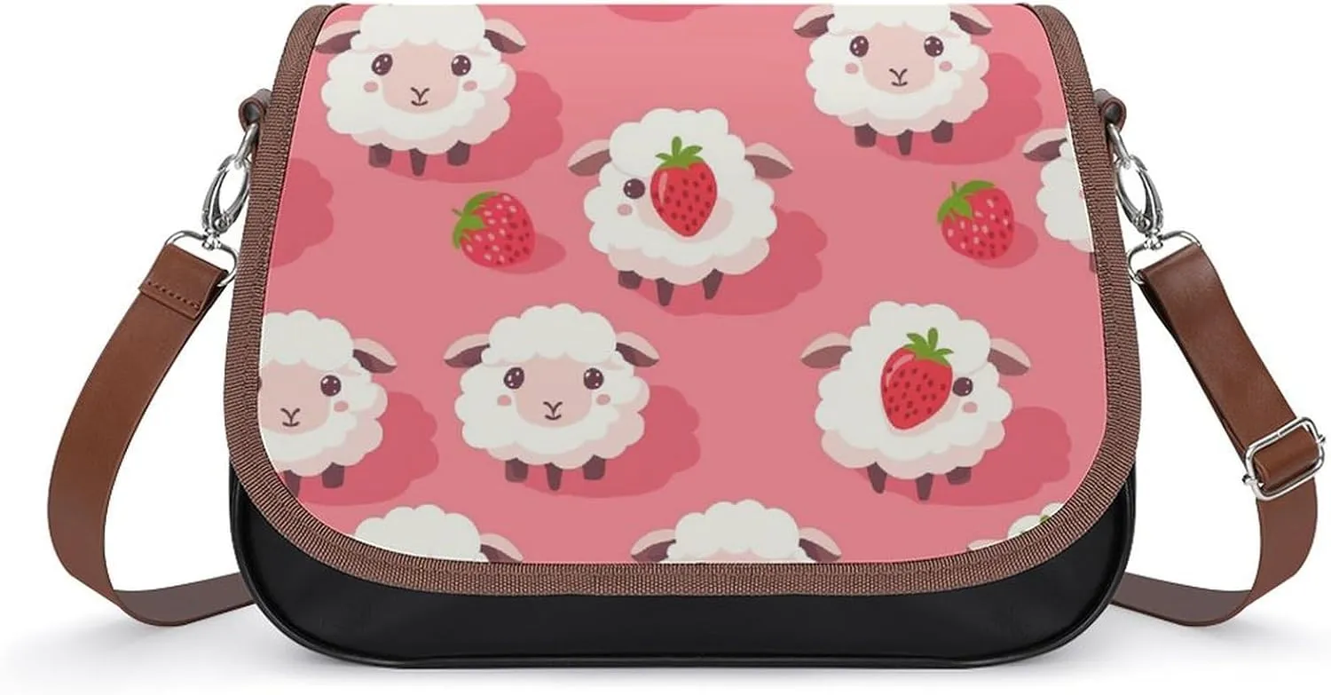 Women's Handbag Cute Sheep And Strawberry Patterns Satchel Bag Leather Crossbody Bag Waterproof Messenger Bag
