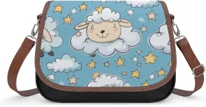 Women's Handbag Cute Sheep Stars And Clouds Pattern Satchel Bag Leather Crossbody Bag Waterproof Messenger Bag