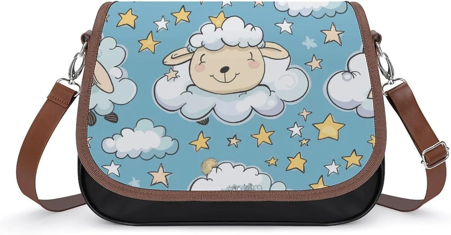 Women's Handbag Cute Sheep Stars And Clouds Pattern Satchel Bag Leather Crossbody Bag Waterproof Messenger Bag