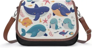 Women's Handbag Cute Whale Sea Animal Satchel Bag Leather Crossbody Bag Waterproof Messenger Bag