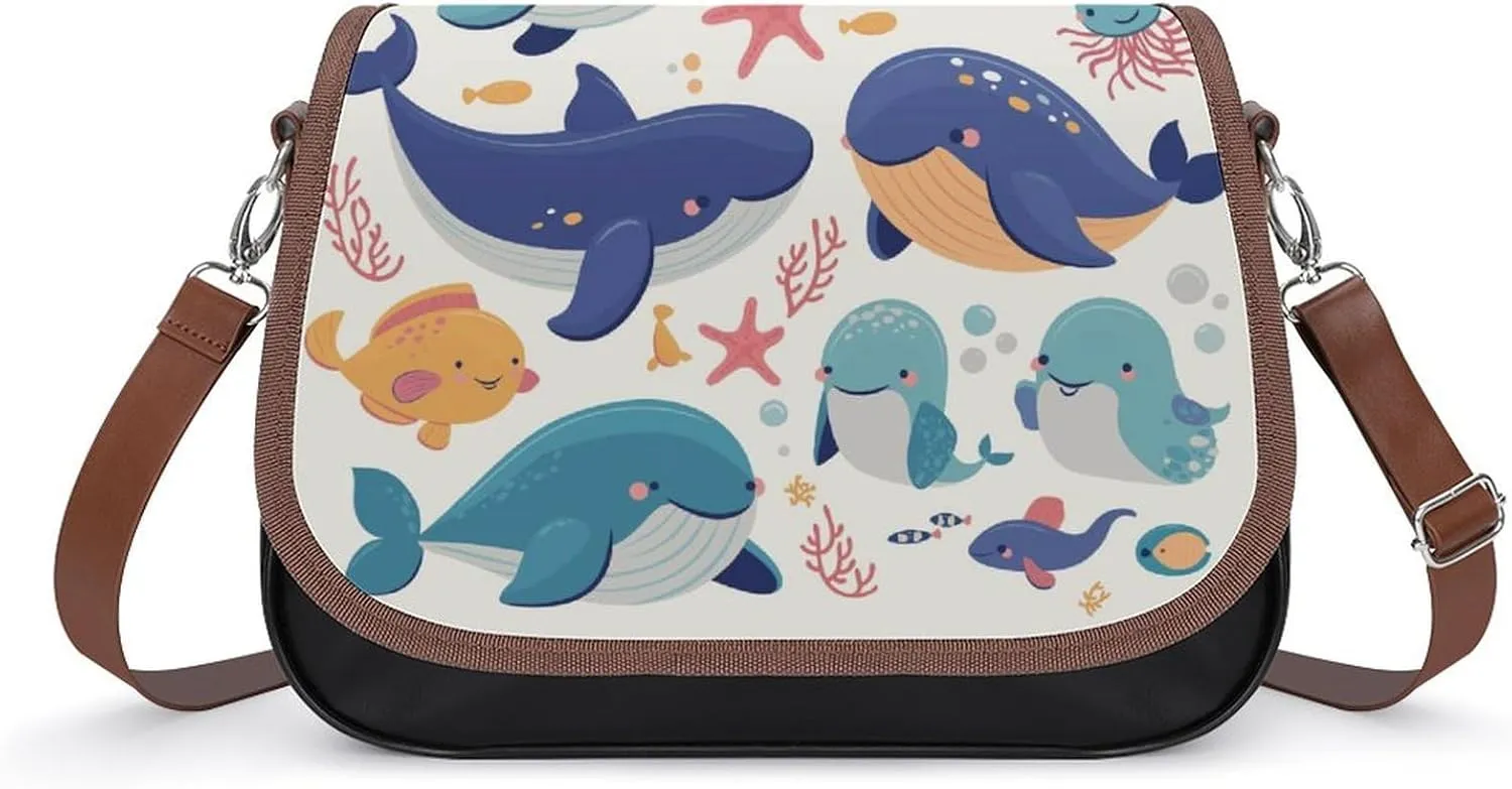 Women's Handbag Cute Whale Sea Animal Satchel Bag Leather Crossbody Bag Waterproof Messenger Bag