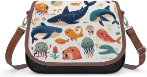 Women's Handbag Cute Whale Sea Animal Satchel Bag Leather Crossbody Bag Waterproof Messenger Bag