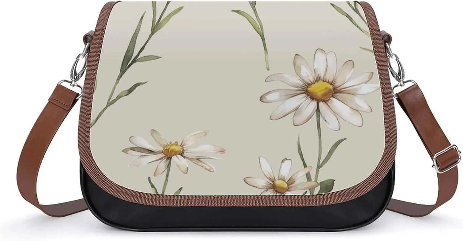 Women's Handbag Daisy Flowers Pattern Satchel Bag Leather Crossbody Bag Waterproof Messenger Bag