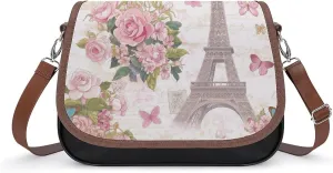 Women's Handbag Eiffel Tower And Flowers Satchel Bag Leather Crossbody Bag Waterproof Messenger Bag