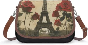 Women's Handbag Eiffel Tower And Red Rose Vintage Satchel Bag Leather Crossbody Bag Waterproof Messenger Bag