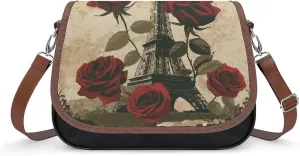 Women's Handbag Eiffel Tower And Red Rose Vintage Satchel Bag Leather Crossbody Bag Waterproof Messenger Bag