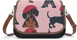 Women's Handbag French Style Dogs Pattern Satchel Bag Leather Crossbody Bag Waterproof Messenger Bag