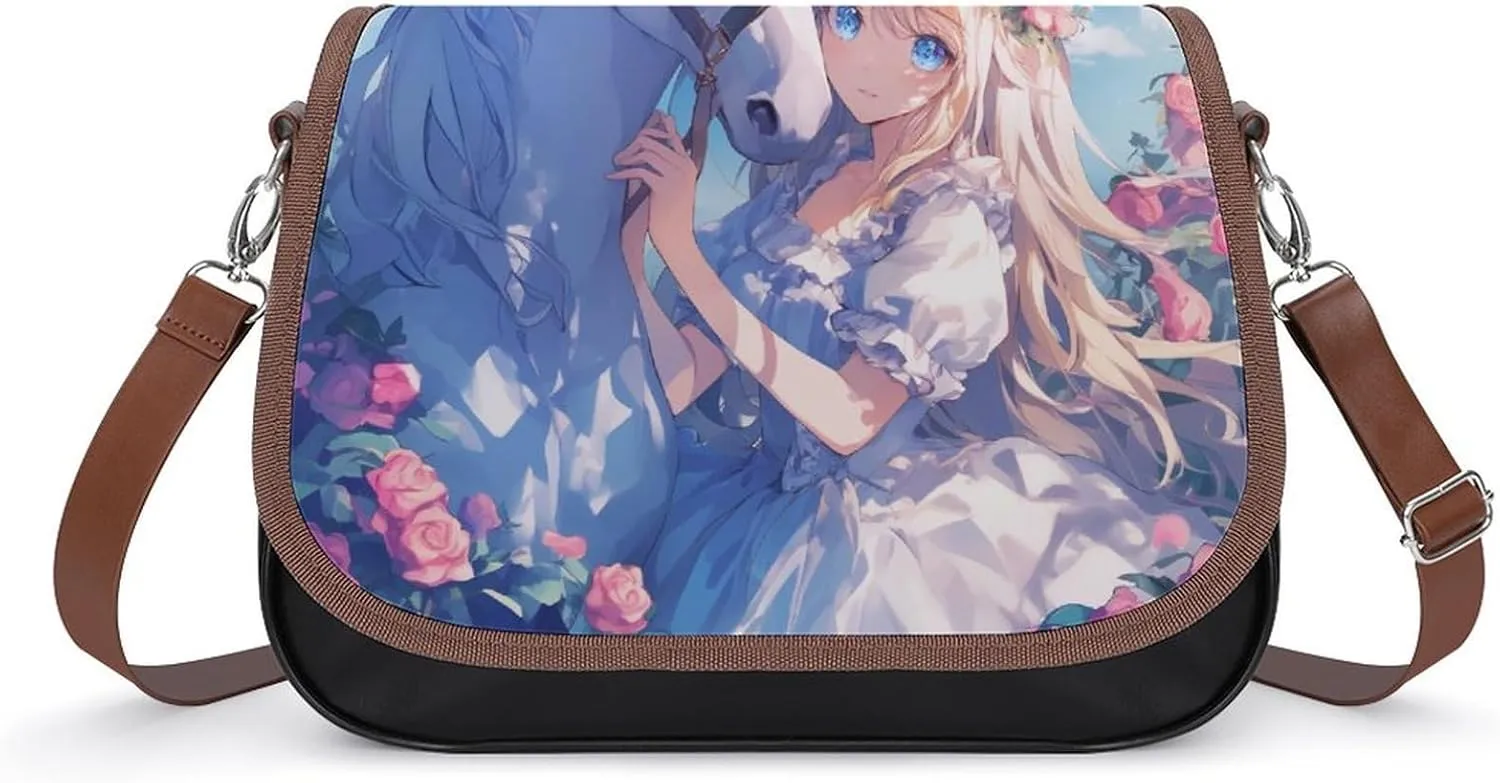 Women's Handbag Girl And White Horse Butterfly Flowers Satchel Bag Leather Crossbody Bag Waterproof Messenger Bag