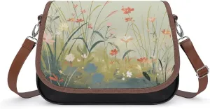 Women's Handbag Grass And Flowers Dragonflies Satchel Bag Leather Crossbody Bag Waterproof Messenger Bag