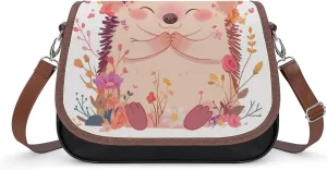 Women's Handbag Hedgehog With Wreath Flowers Satchel Bag Leather Crossbody Bag Waterproof Messenger Bag