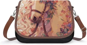 Women's Handbag Horse With Butterflies Flowers Blossom Satchel Bag Leather Crossbody Bag Waterproof Messenger Bag