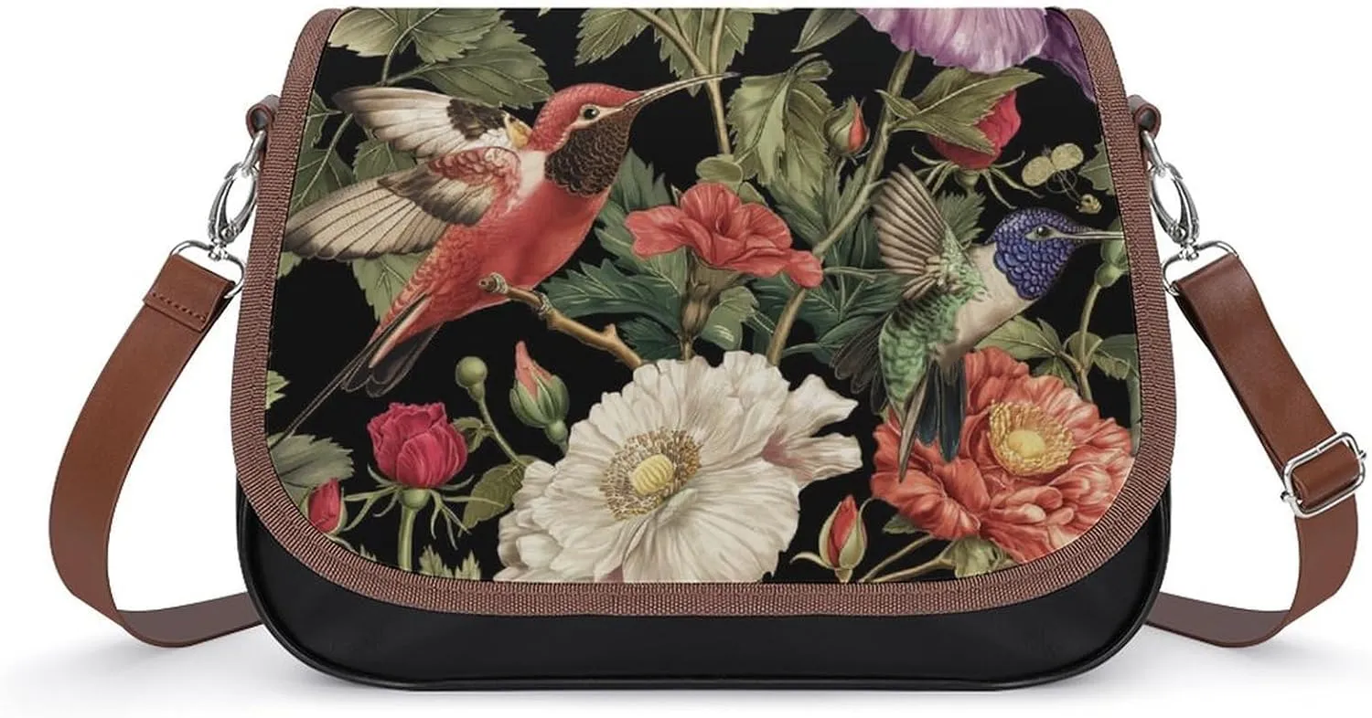 Women's Handbag Hummingbird Rose Flowers Satchel Bag Leather Crossbody Bag Waterproof Messenger Bag
