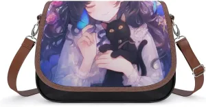 Women's Handbag Japan Style Girl With Cat And Butterflies Satchel Bag Leather Crossbody Bag Waterproof Messenger Bag