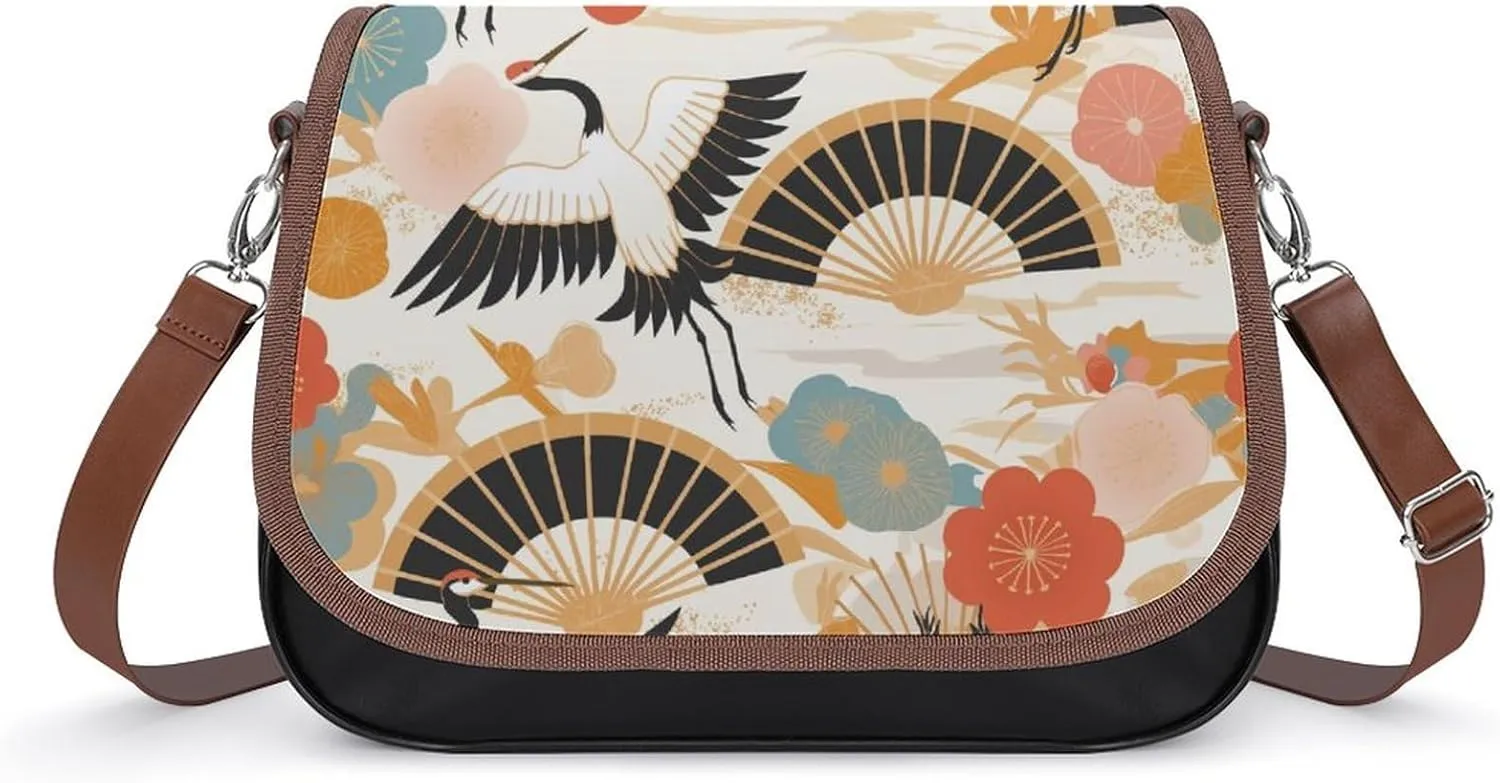 Women's Handbag Japanese Style Cranes Birds Floral Satchel Bag Leather Crossbody Bag Waterproof Messenger Bag