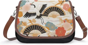 Women's Handbag Japanese Style Cranes Birds Floral Satchel Bag Leather Crossbody Bag Waterproof Messenger Bag