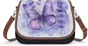 Women's Handbag Lavender Flowers And Butterfly Satchel Bag Leather Crossbody Bag Waterproof Messenger Bag