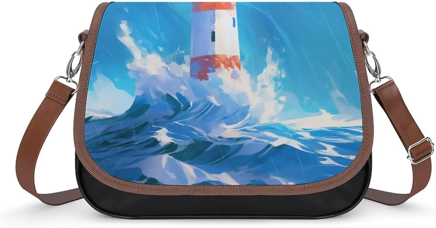 Women's Handbag Lighthouse Landscape Satchel Bag Leather Crossbody Bag Waterproof Messenger Bag