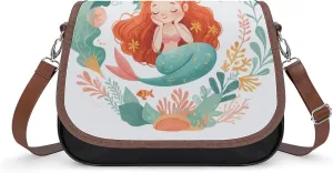 Women's Handbag Mermaid Beautiful Floral Sea Wreath Satchel Bag Leather Crossbody Bag Waterproof Messenger Bag