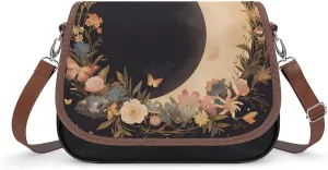 Women's Handbag Moon And Butterfly Flowers Satchel Bag Leather Crossbody Bag Waterproof Messenger Bag