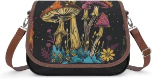 Women's Handbag Mushroom And Flowers Vintage Satchel Bag Leather Crossbody Bag Waterproof Messenger Bag