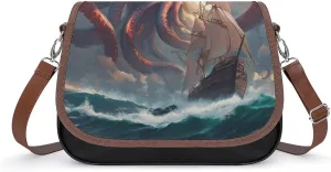 Women's Handbag Octopus With Tentacles Floating Ocean Wave Satchel Bag Leather Crossbody Bag Waterproof Messenger Bag