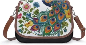 Women's Handbag Peacock Bird With Flowers Satchel Bag Leather Crossbody Bag Waterproof Messenger Bag