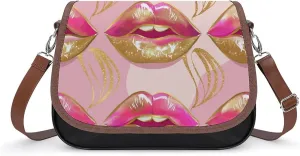 Women's Handbag Pink And Gold Lip Satchel Bag Leather Crossbody Bag Waterproof Messenger Bag