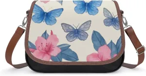 Women's Handbag Pink Azalea Flowers And Blue Butterflies Satchel Bag Leather Crossbody Bag Waterproof Messenger Bag