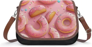 Women's Handbag Pink Donuts With Sprinkles Pattern Satchel Bag Leather Crossbody Bag Waterproof Messenger Bag