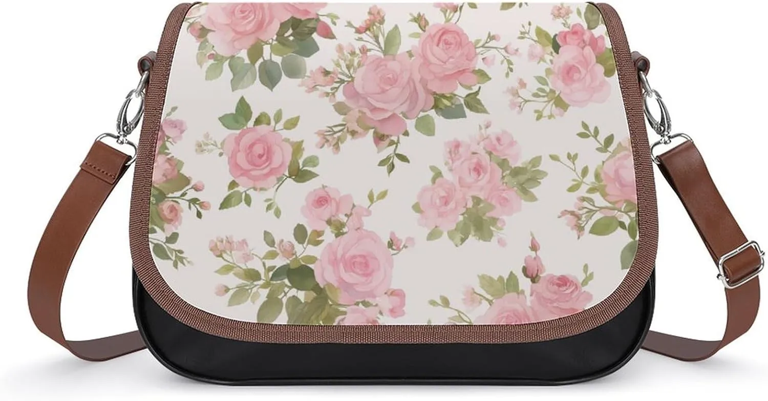 Women's Handbag Pink Roses Flowers Blossom Satchel Bag Leather Crossbody Bag Waterproof Messenger Bag