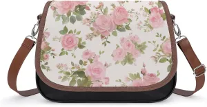 Women's Handbag Pink Roses Flowers Blossom Satchel Bag Leather Crossbody Bag Waterproof Messenger Bag