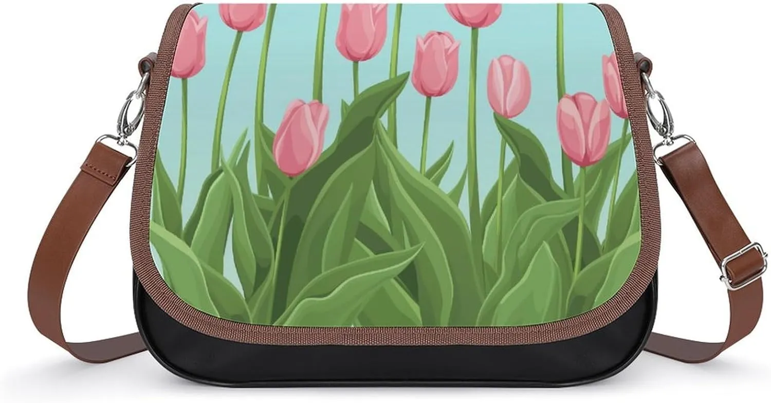 Women's Handbag Pink Tulip Flowers Satchel Bag Leather Crossbody Bag Waterproof Messenger Bag