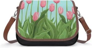 Women's Handbag Pink Tulip Flowers Satchel Bag Leather Crossbody Bag Waterproof Messenger Bag