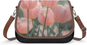 Women's Handbag Pink Tulips Flowers Satchel Bag Leather Crossbody Bag Waterproof Messenger Bag